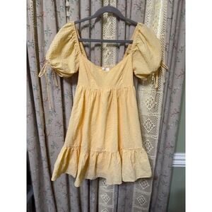 Mable Yellow Textured Babydoll Mini Dress Puff Sleeve Cottagecore Boho Small